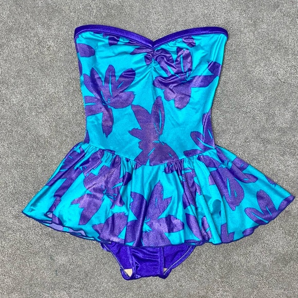 M/L VTG 80’s Sandcastle Floral Strapless Ruffle Waist Skirted One Piece Swimsuit - Picture 2 of 9